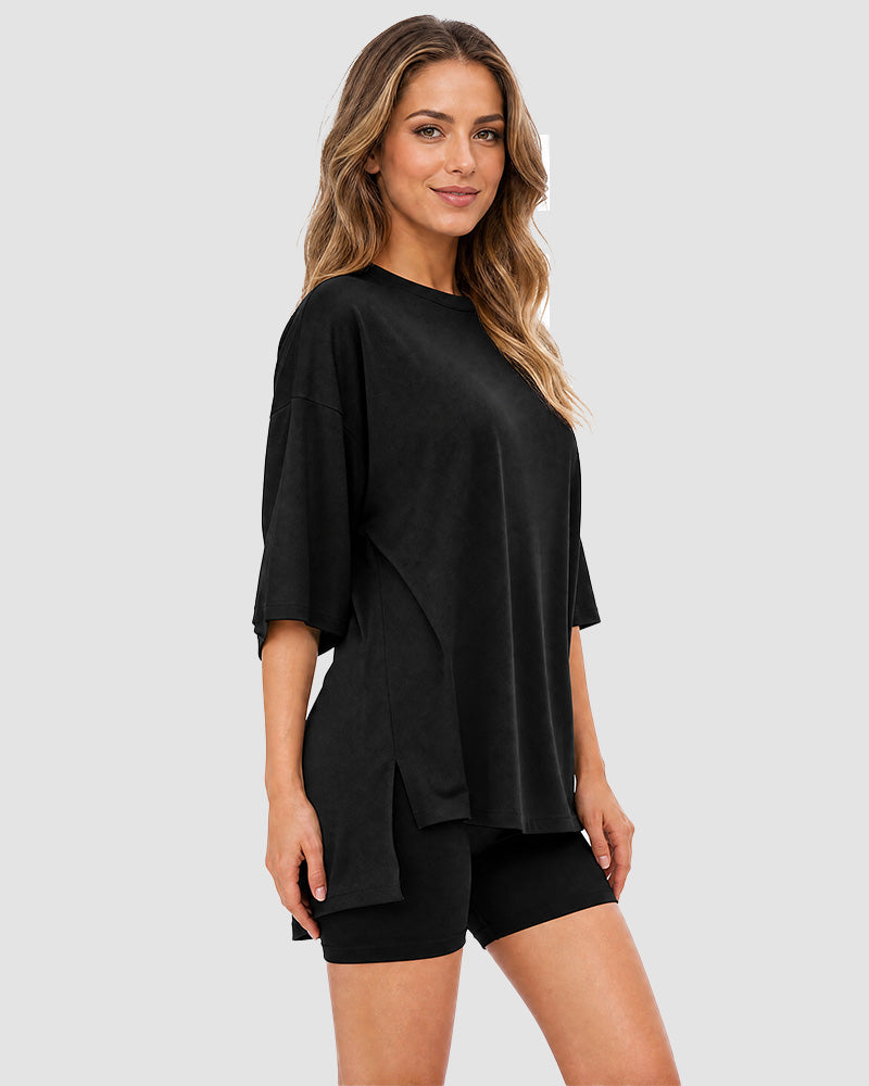 Casual Oversized 2-Piece Lounge Set with Crewneck & Split Hem