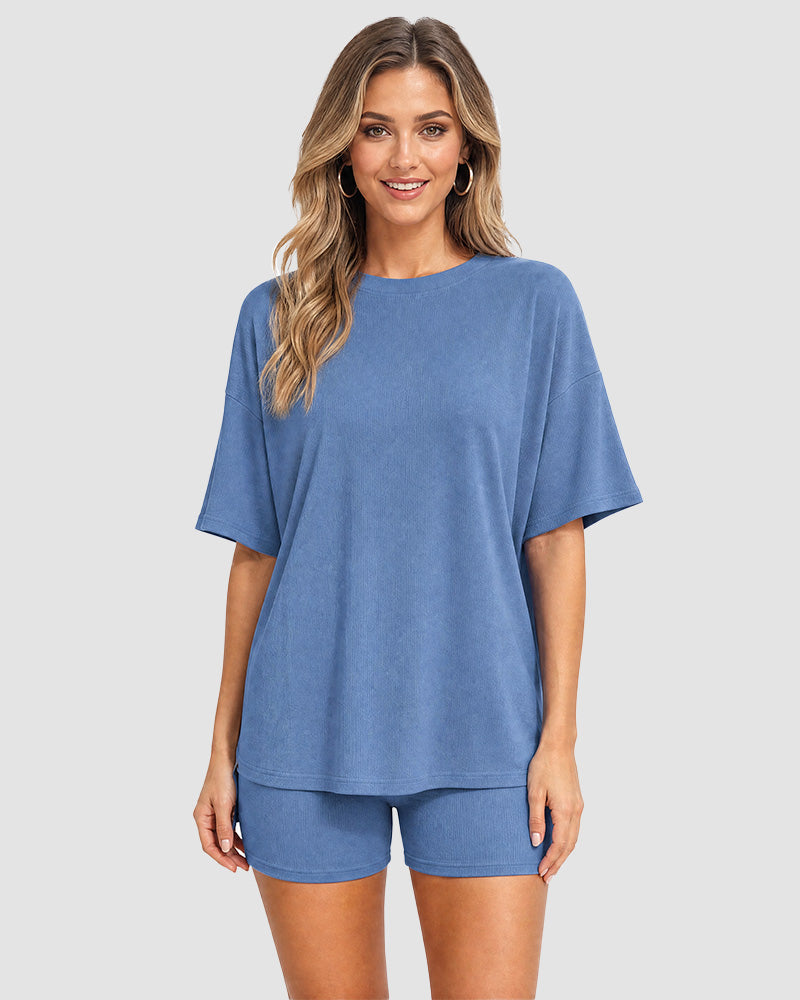 Casual Oversized 2-Piece Lounge Set with Crewneck & Split Hem