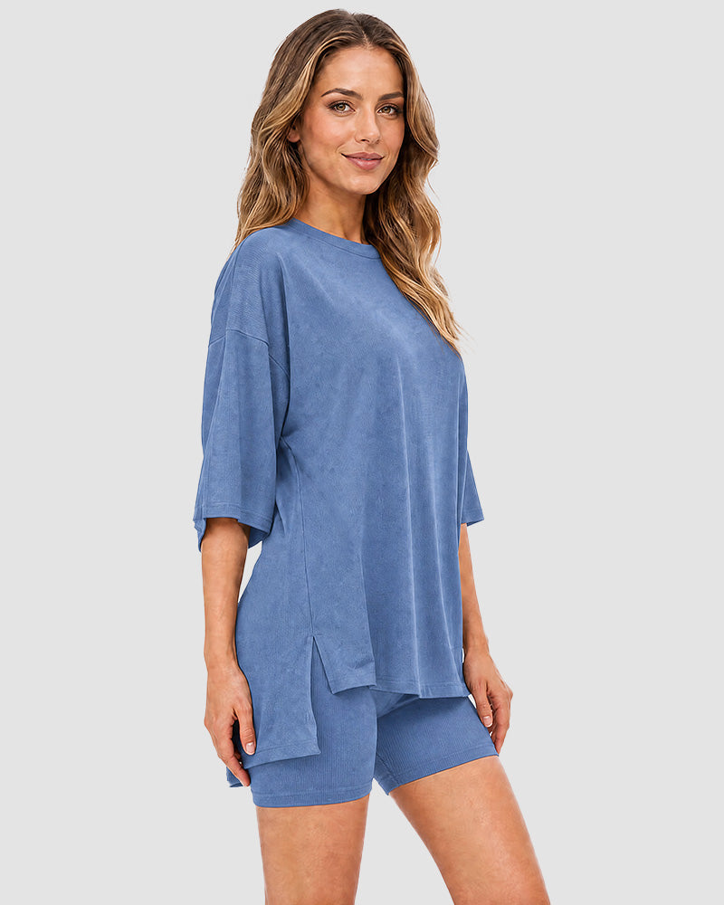 Casual Oversized 2-Piece Lounge Set with Crewneck & Split Hem