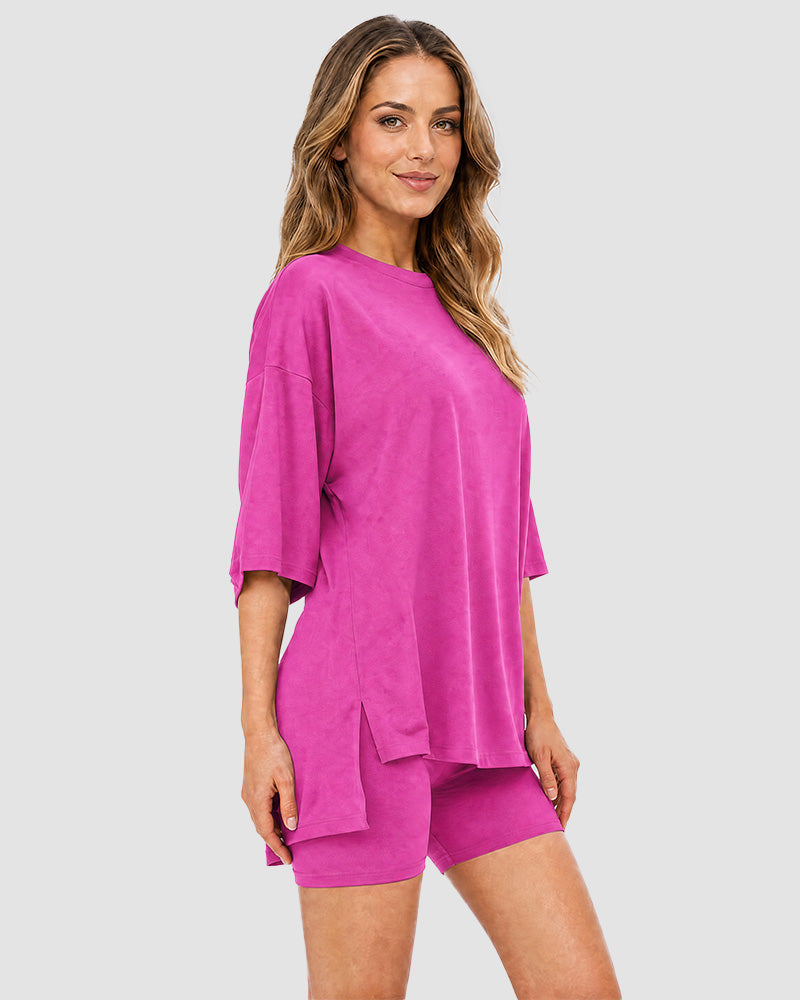 Casual Oversized 2-Piece Lounge Set with Crewneck & Split Hem