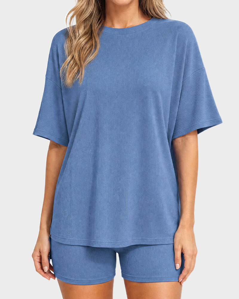 Casual Oversized 2-Piece Lounge Set with Crewneck & Split Hem