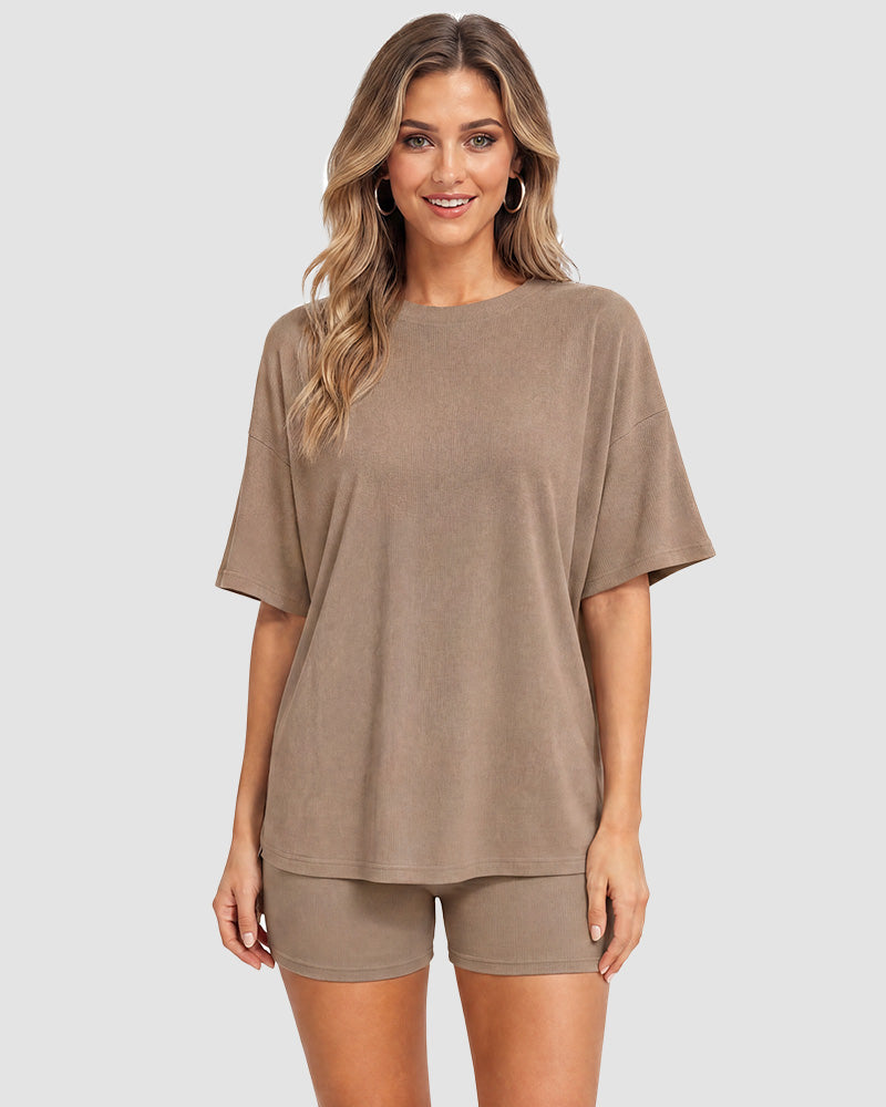 Casual Oversized 2-Piece Lounge Set with Crewneck & Split Hem