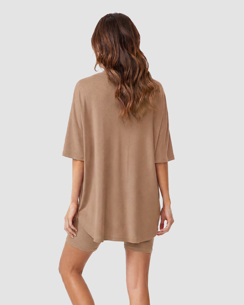 Casual Oversized 2-Piece Lounge Set with Crewneck & Split Hem