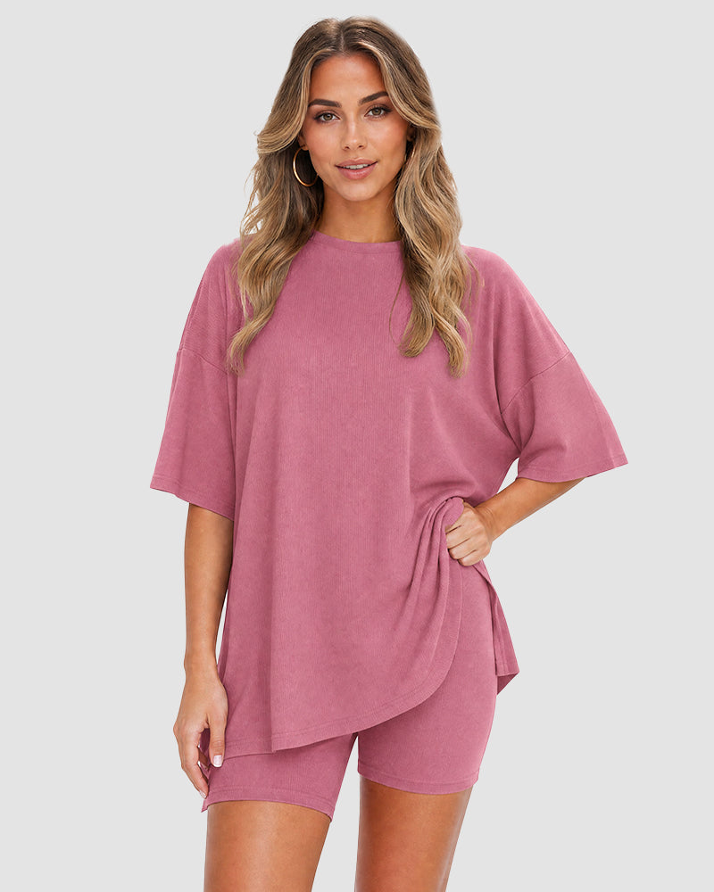 Casual Oversized 2-Piece Lounge Set with Crewneck & Split Hem