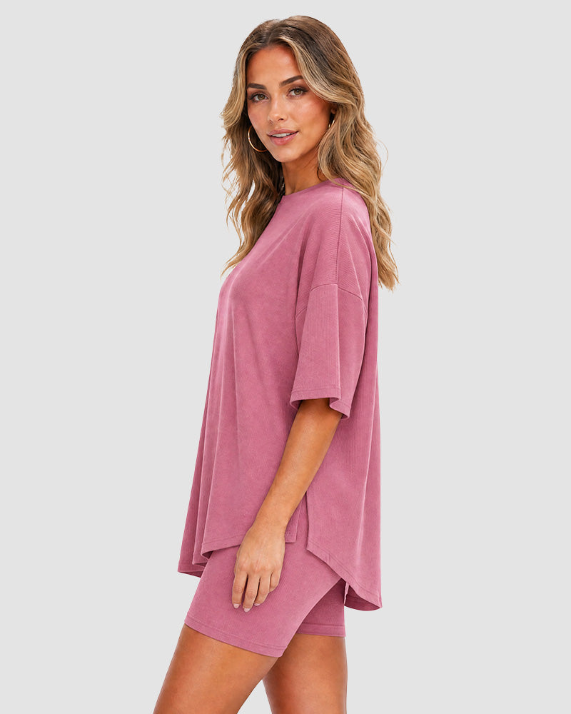Casual Oversized 2-Piece Lounge Set with Crewneck & Split Hem