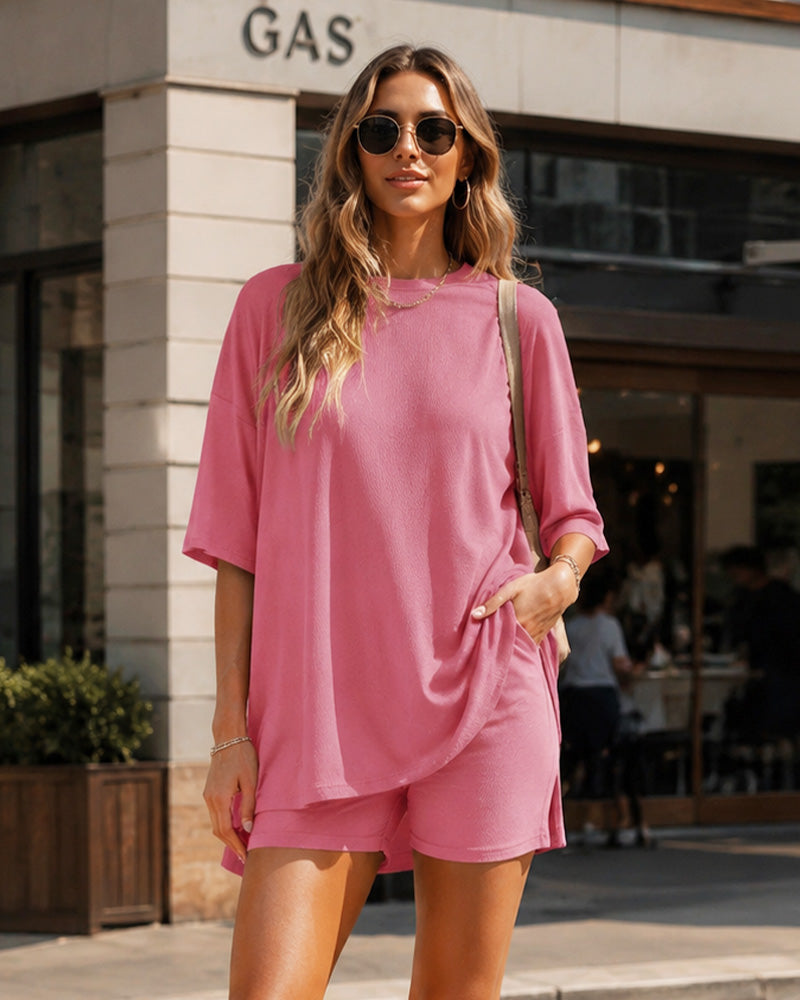 Casual Oversized 2-Piece Lounge Set with Crewneck & Split Hem