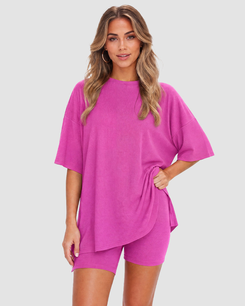 Casual Oversized 2-Piece Lounge Set with Crewneck & Split Hem