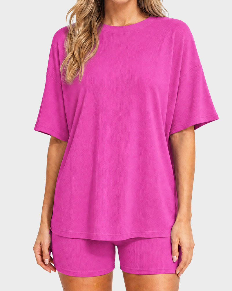 Casual Oversized 2-Piece Lounge Set with Crewneck & Split Hem
