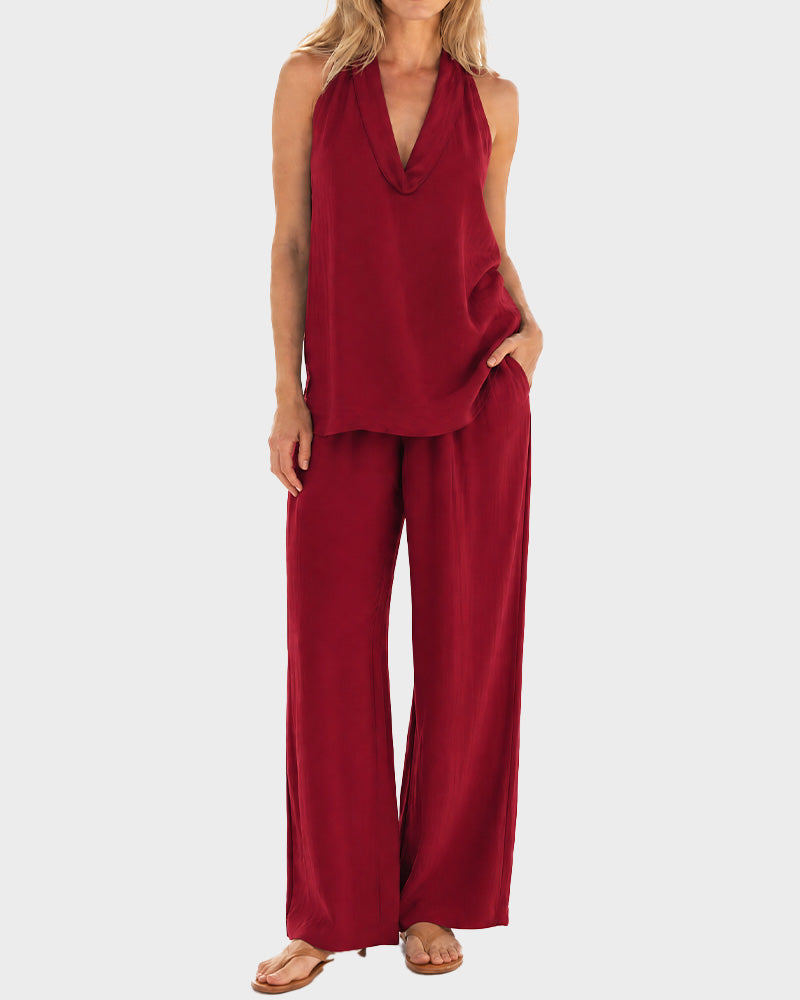 Halter V-Neck Two-Piece Set