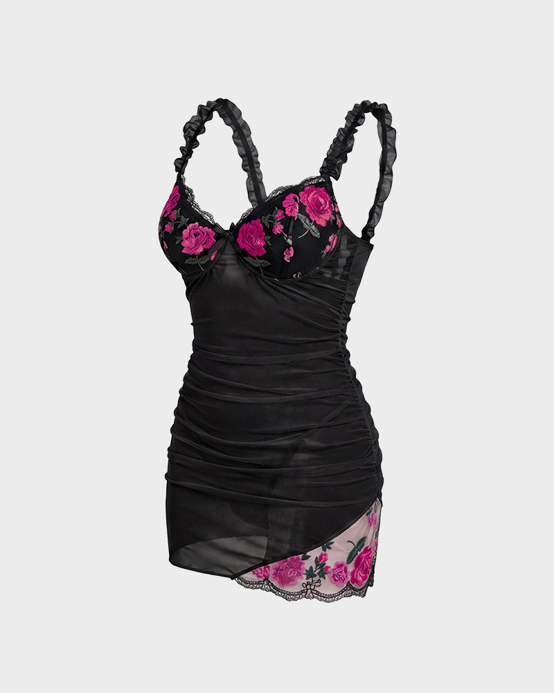 Sheer Mesh Lace Embroidered Babydoll Dress