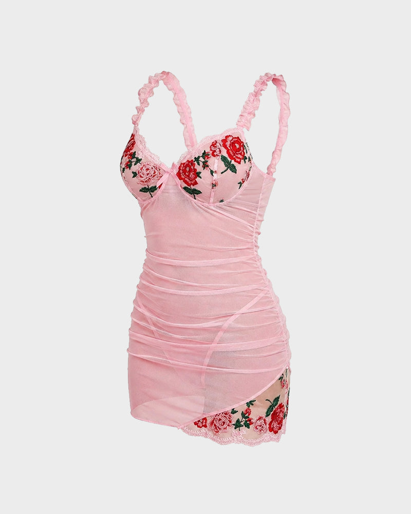 Sheer Mesh Lace Embroidered Babydoll Dress