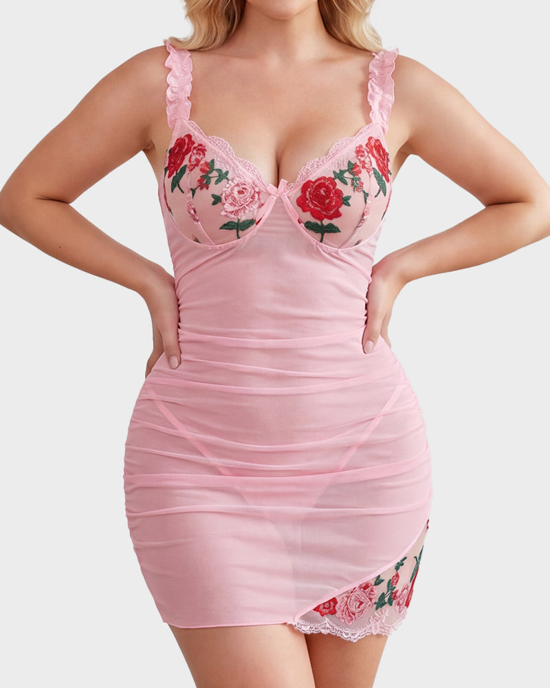 Sheer Mesh Lace Embroidered Babydoll Dress