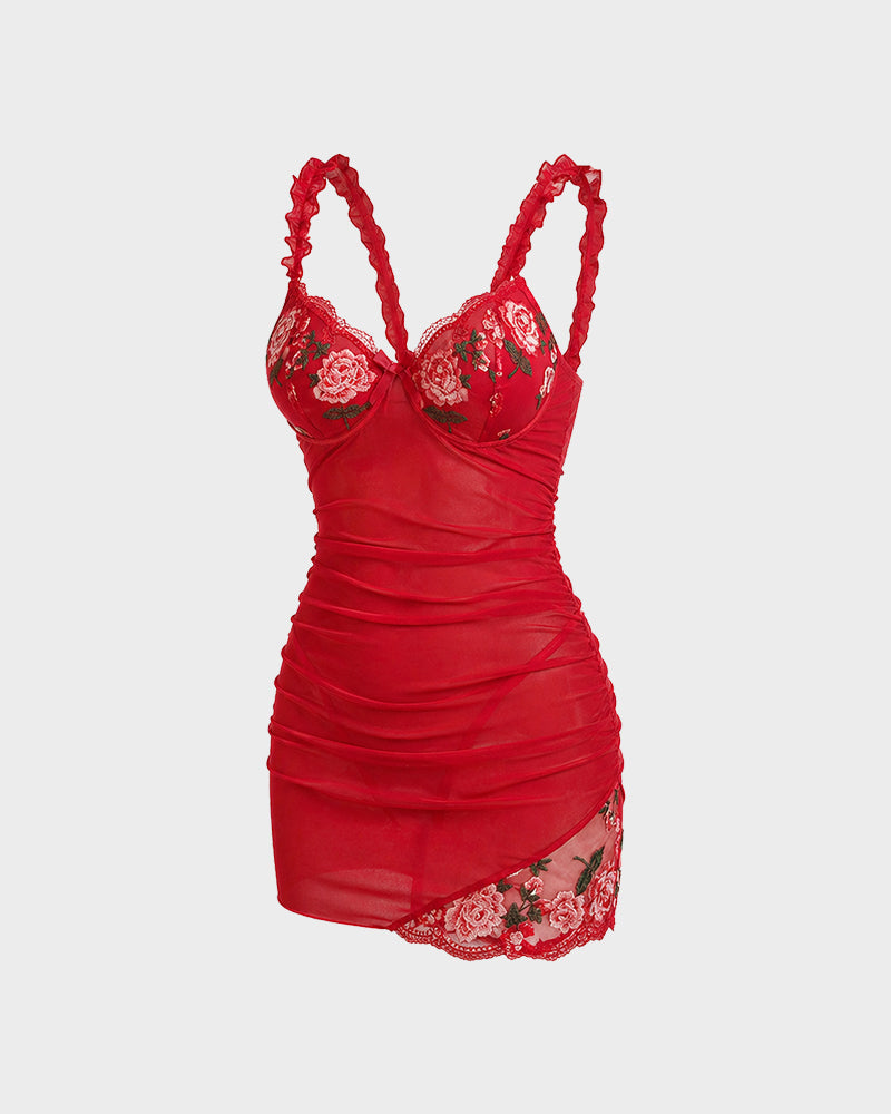 Sheer Mesh Lace Embroidered Babydoll Dress