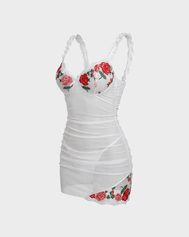 Sheer Mesh Lace Embroidered Babydoll Dress