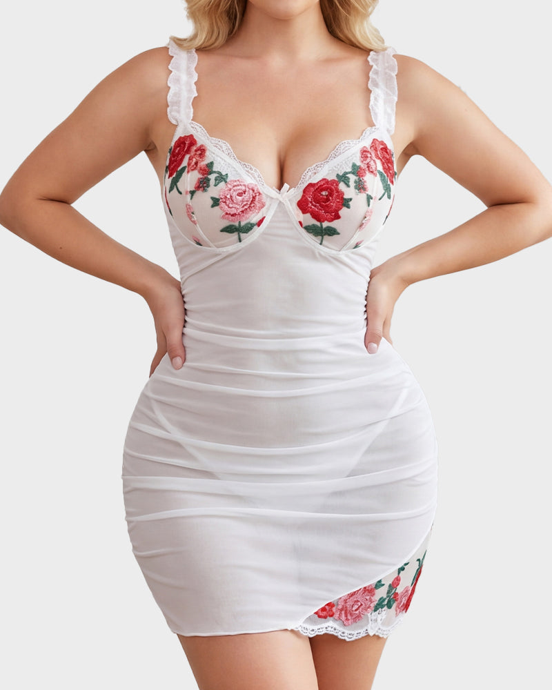 Sheer Mesh Lace Embroidered Babydoll Dress