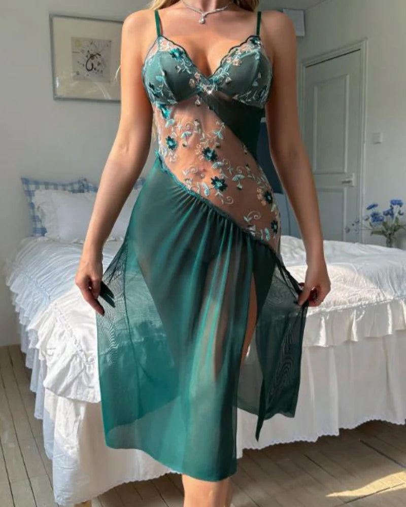 Sheer Embroidered Slit Lace Babydoll