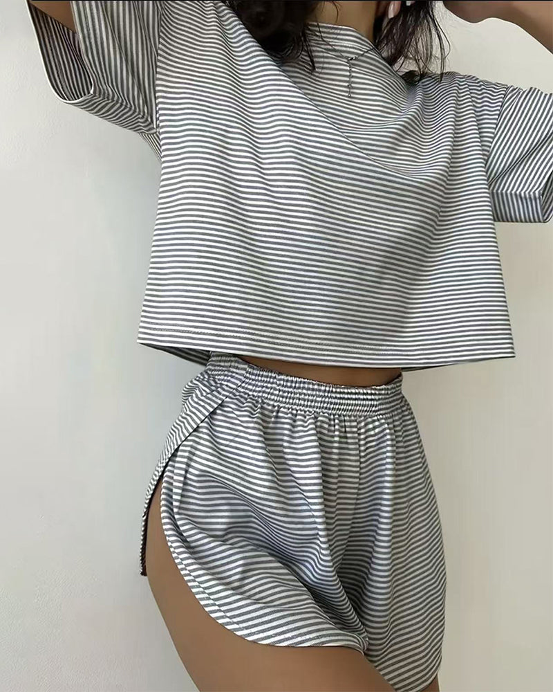 Women Striped Crop Pajama Loungewear Set
