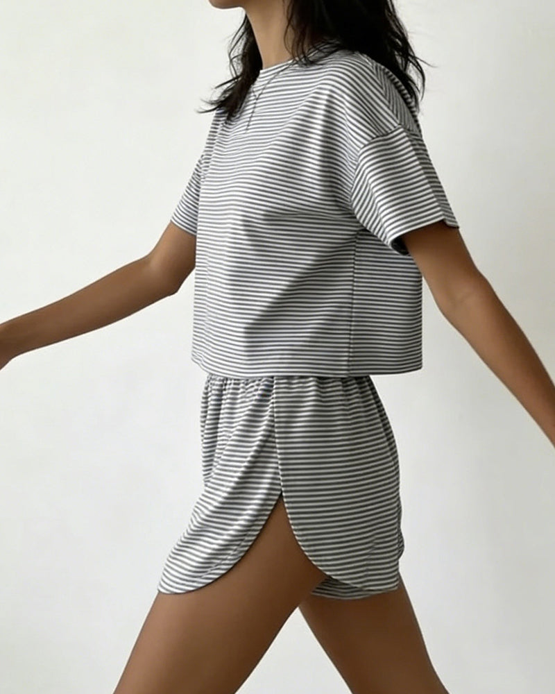 Women Striped Crop Pajama Loungewear Set