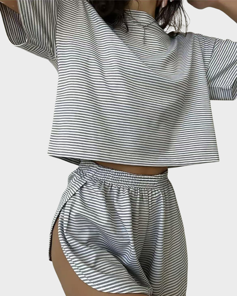 Women Striped Crop Pajama Loungewear Set