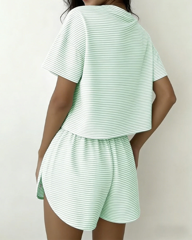 Women Striped Crop Pajama Loungewear Set