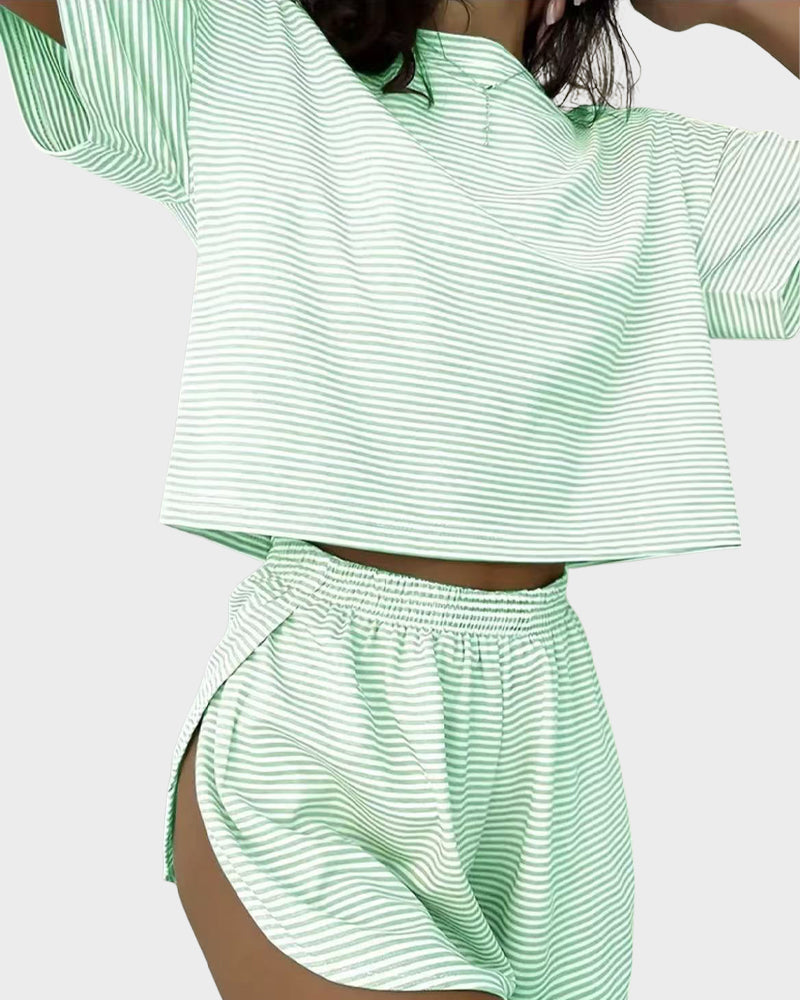 Women Striped Crop Pajama Loungewear Set