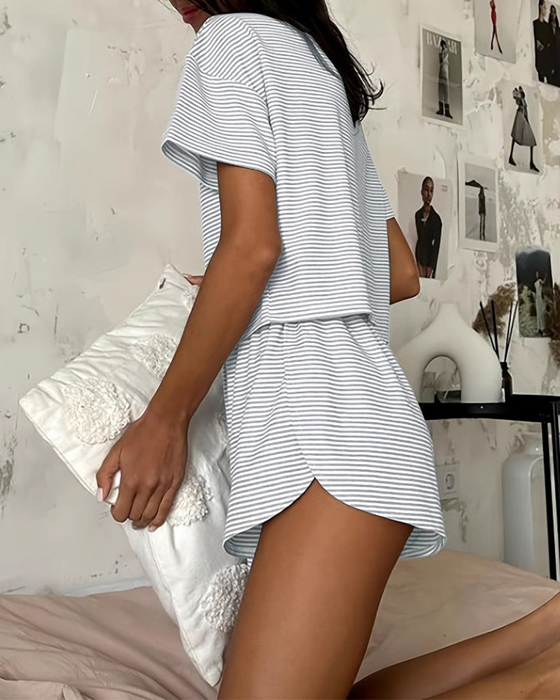 Women Striped Crop Pajama Loungewear Set