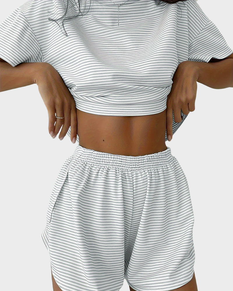 Women Striped Crop Pajama Loungewear Set