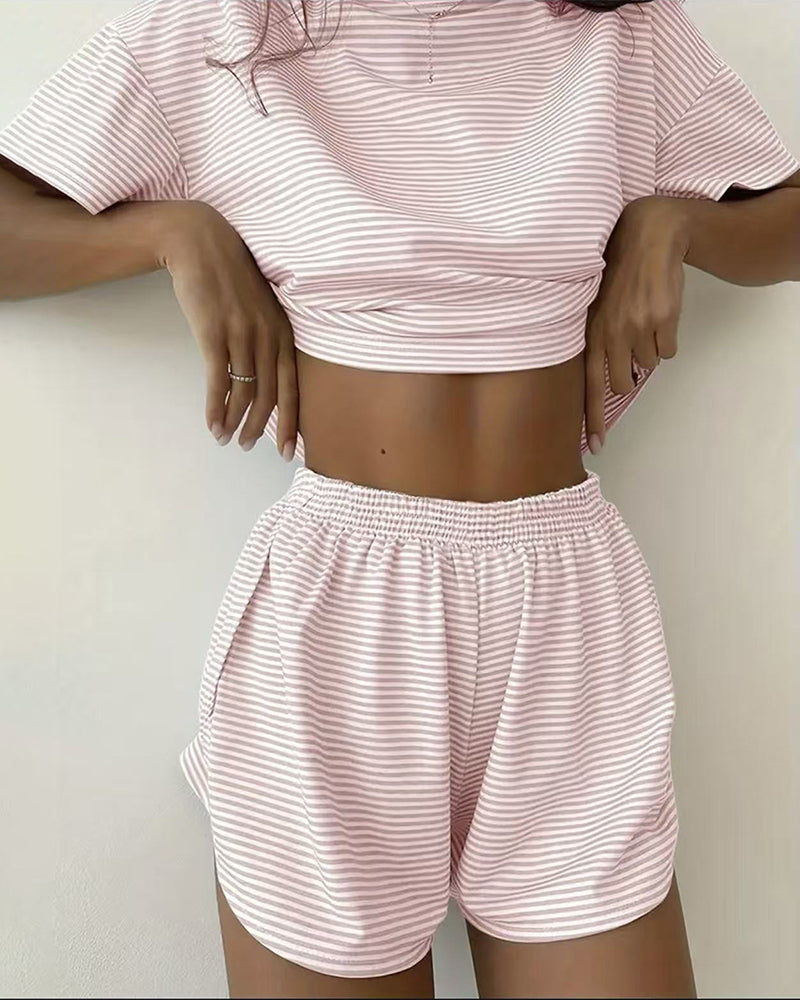 Women Striped Crop Pajama Loungewear Set