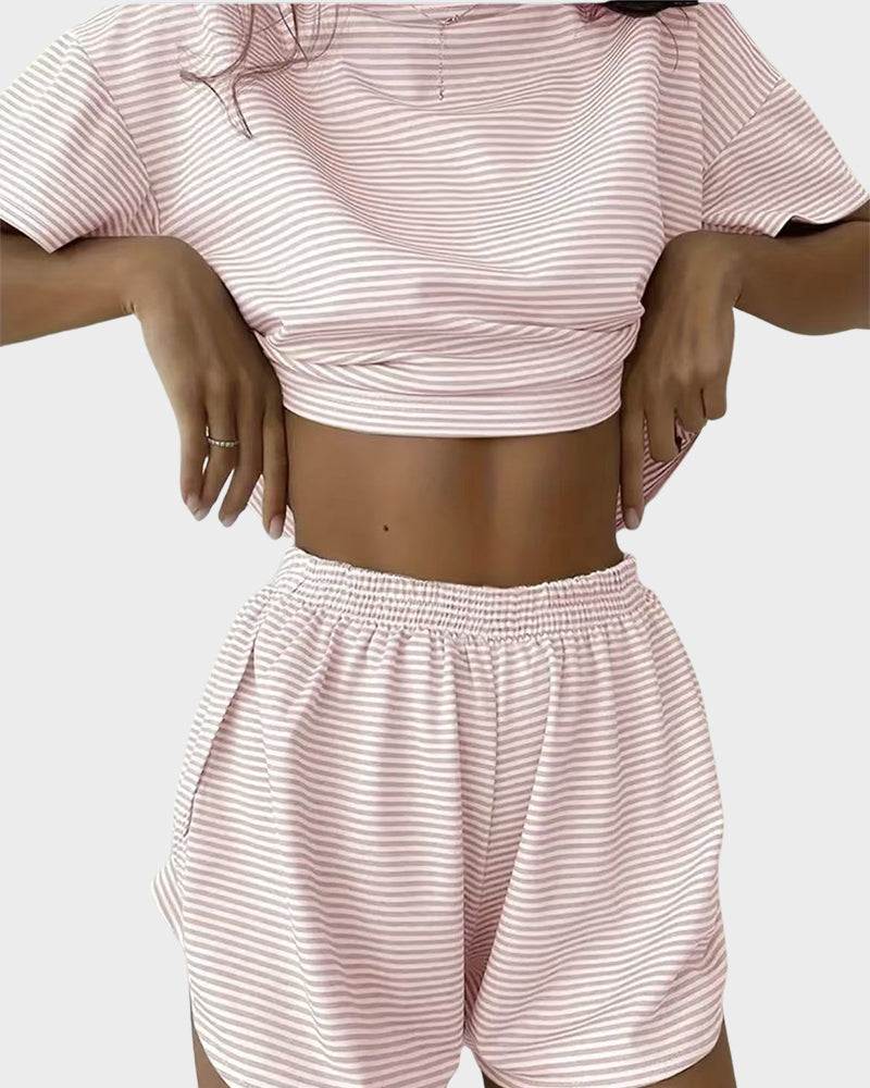 Women Striped Crop Pajama Loungewear Set
